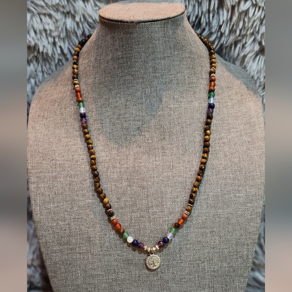 Multicolor Beaded Necklace with Silver Tree of Life Charm